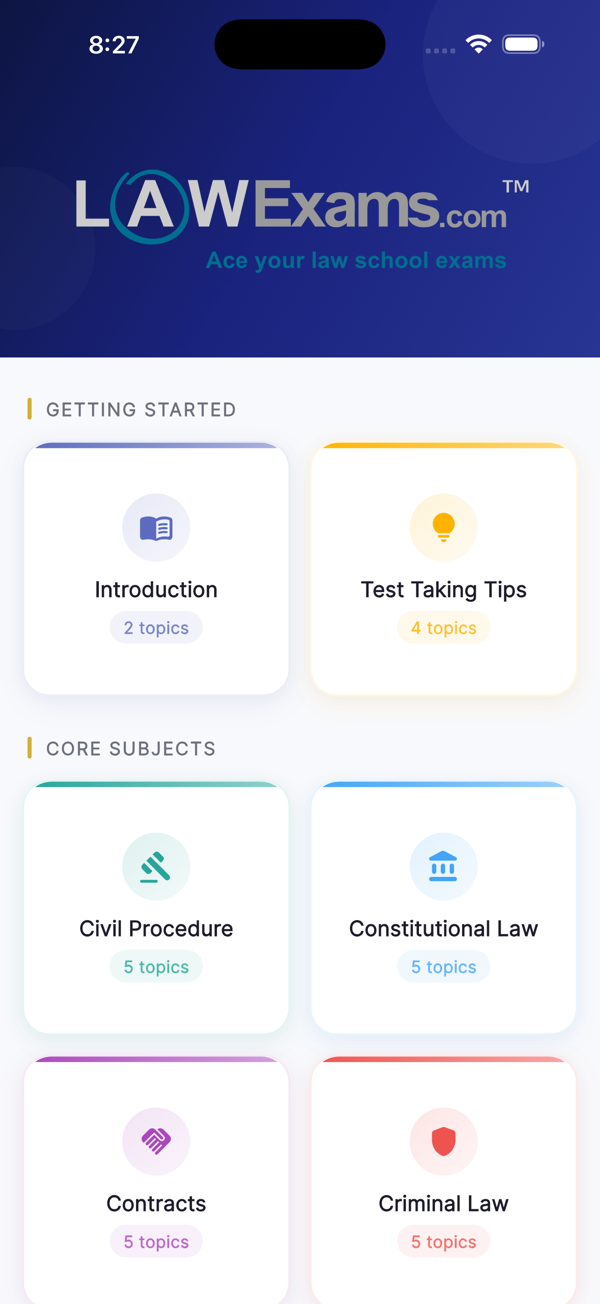 LawExams screenshot: subject home screen