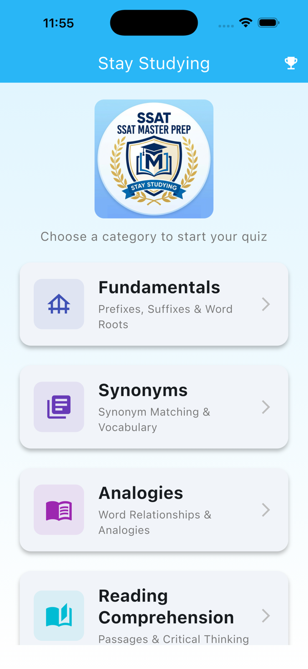 Stay Studying screenshot: choose a quiz category